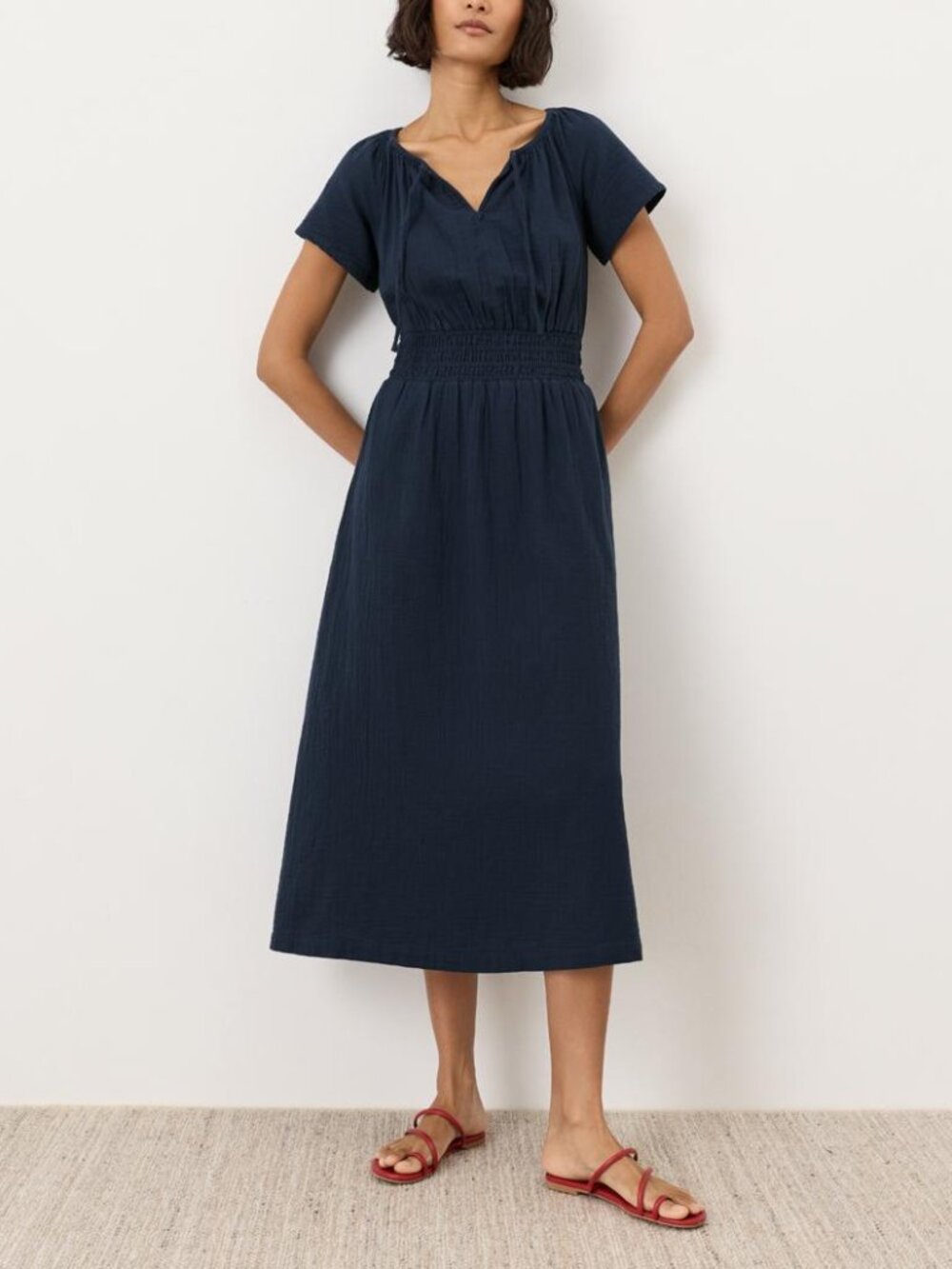 Pact Organic Coastal Double Gauze Boho Midi Dress navy blue smocked cottagecore